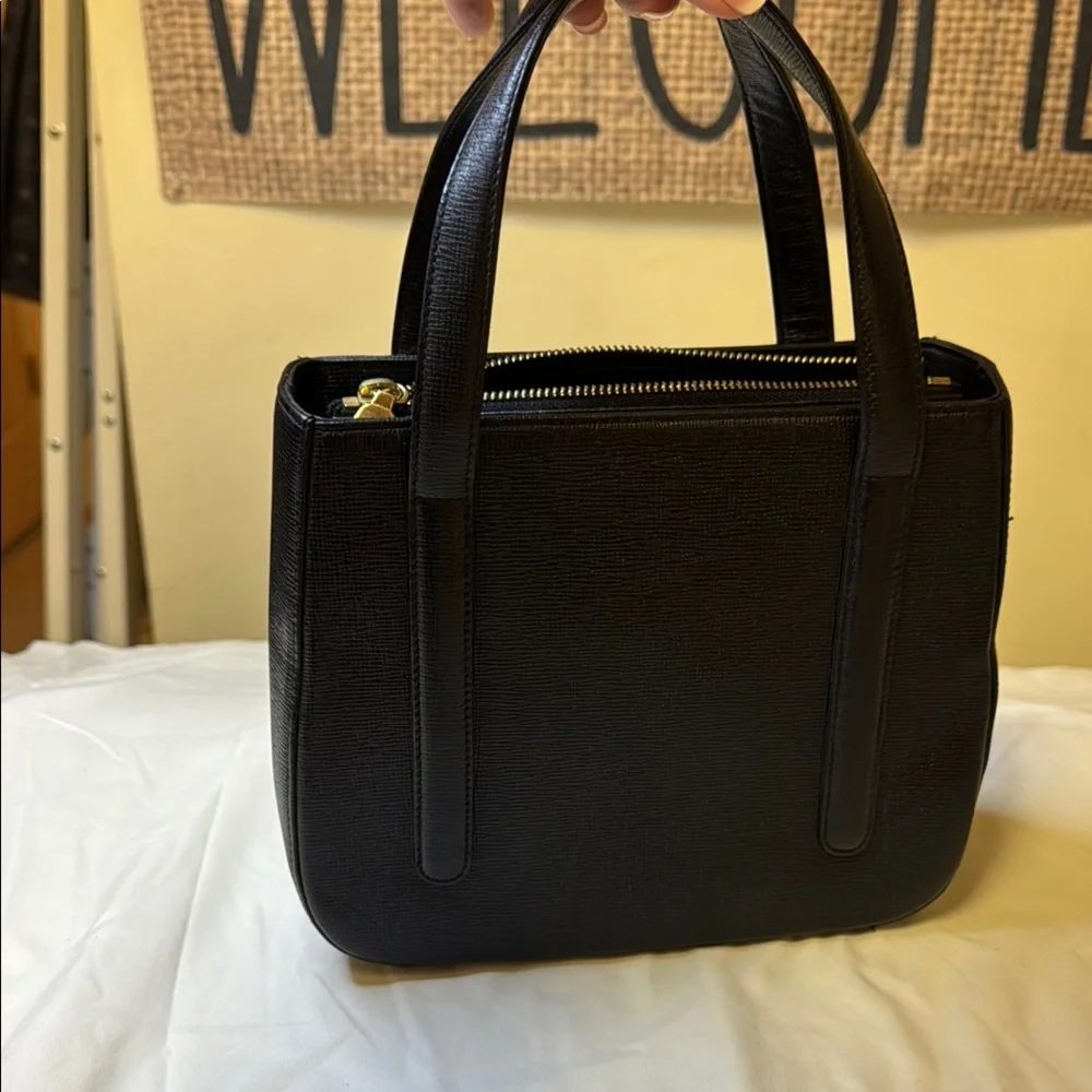 Vintage MCM Structured‎ Black Leather Satchel – Gold Hardware – Rare Style E7844